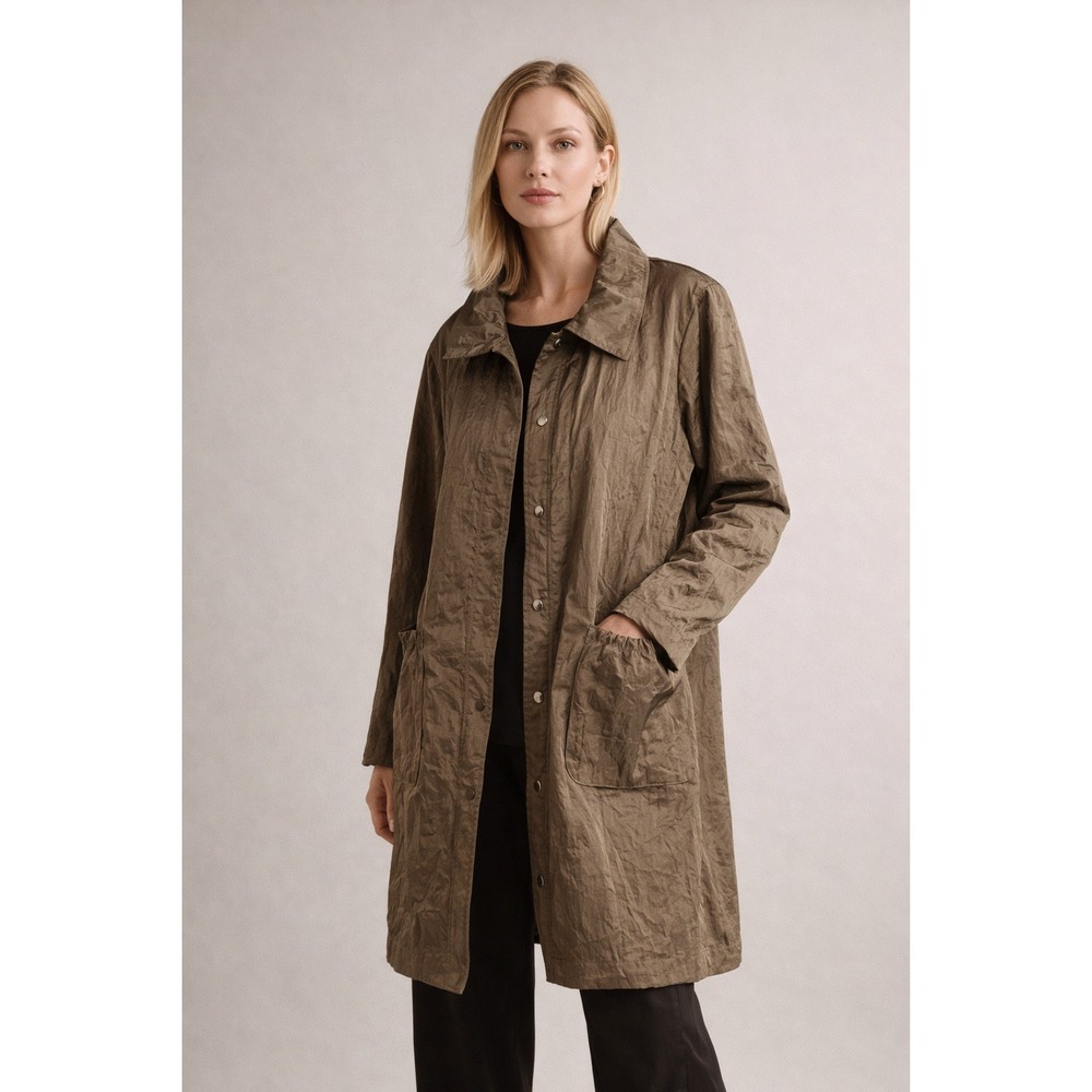 Babette SF Crinkle Midi Length Jacket Women Large Snap Button Bronze Rain Trench